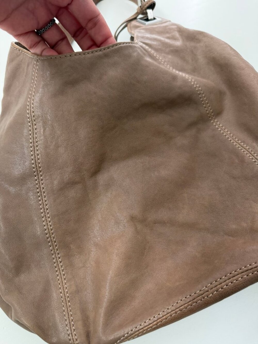 Michael Kors Taupe Leather Hobo Shoulder Bag Silver Hardware MK Charm